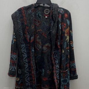 Johnny Was Dark Gray Hooded Embroidered Cardigan with Multi-Color Motifs